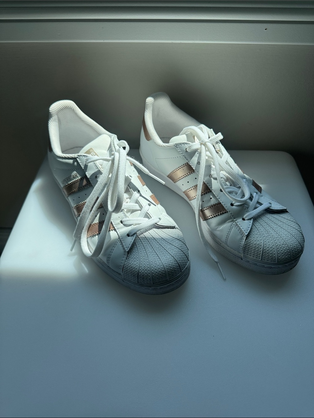adidas Superstar White Sneakers with Rose Gold Three-Stripes